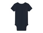 Dark blue short-sleeved baby bodysuit, back view.