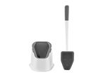 White and grey toilet brush with a silicone head and a matching holder.
