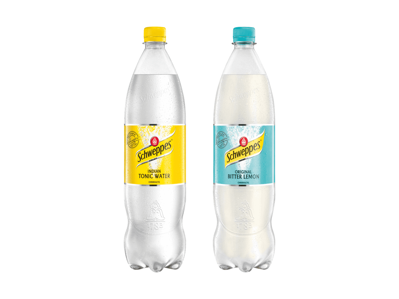 Zwei Schweppes Flaschen: Indian Tonic Water und Original Bitter Lemon.