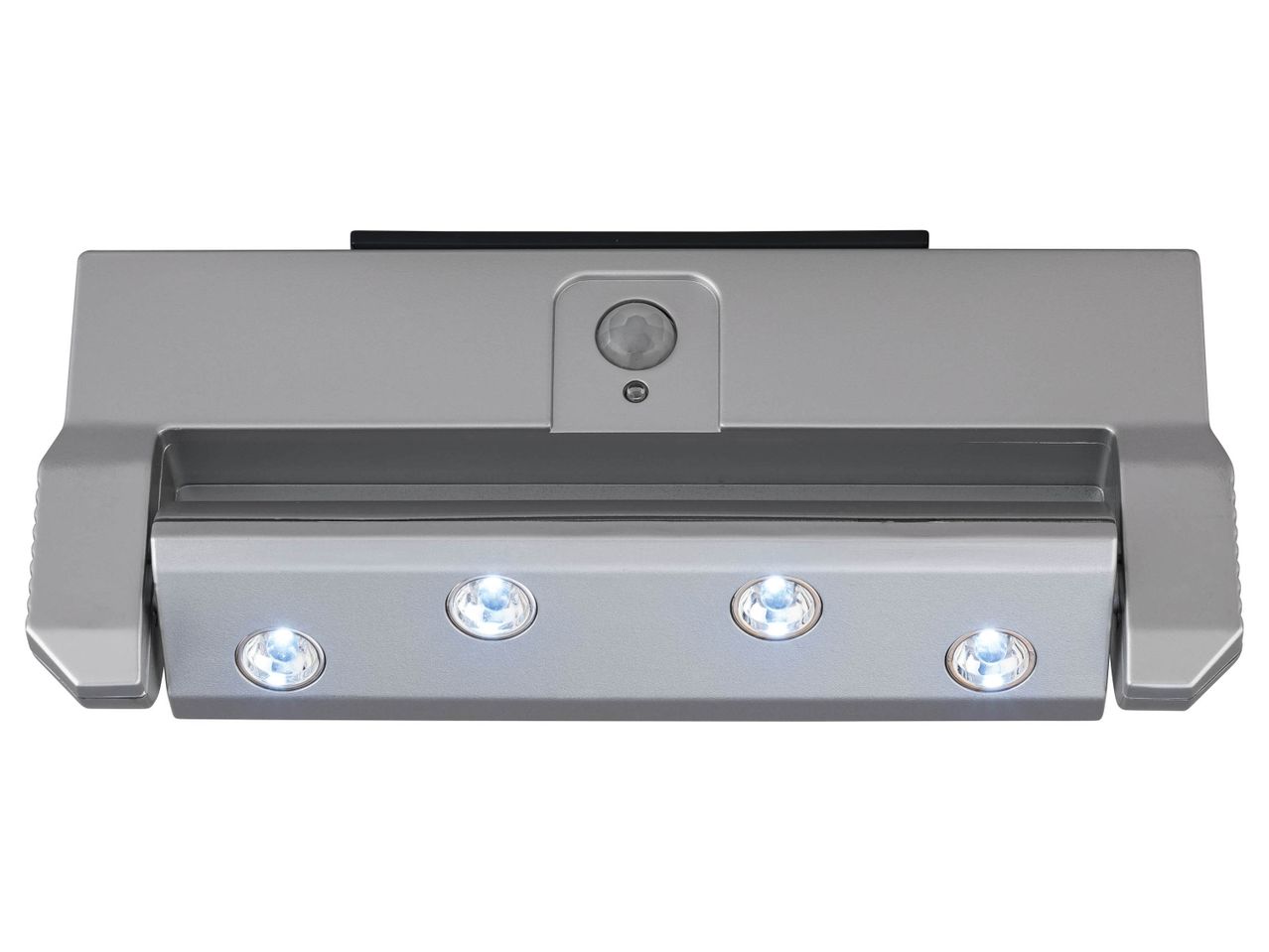 Cappa da cucina sottopensile grigia con quattro luci a LED e sensore di movimento.