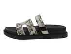 Black and white snakeskin pattern slide sandals with two straps and a thick sole.