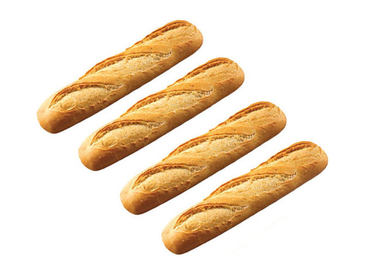 Four golden-brown baguettes arranged diagonally on a white background.