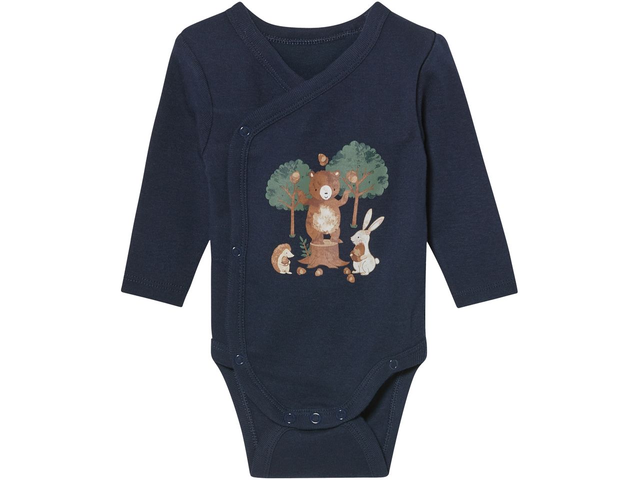Body neonato a maniche lunghe color blu scuro con stampa di animali del bosco.