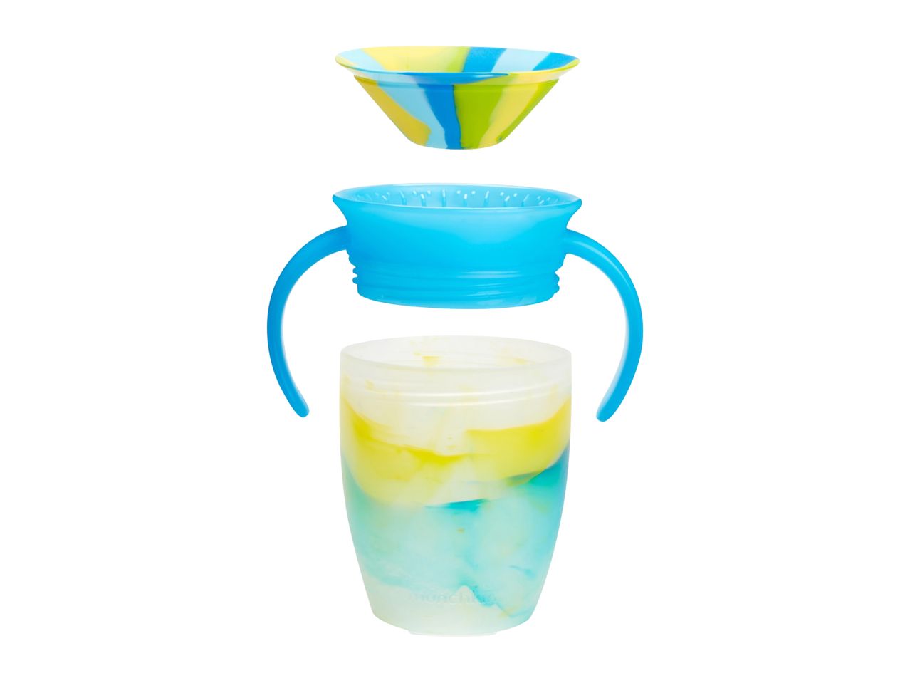 A disassembled baby sippy cup with handles, featuring a colorful blue, yellow, and green design.