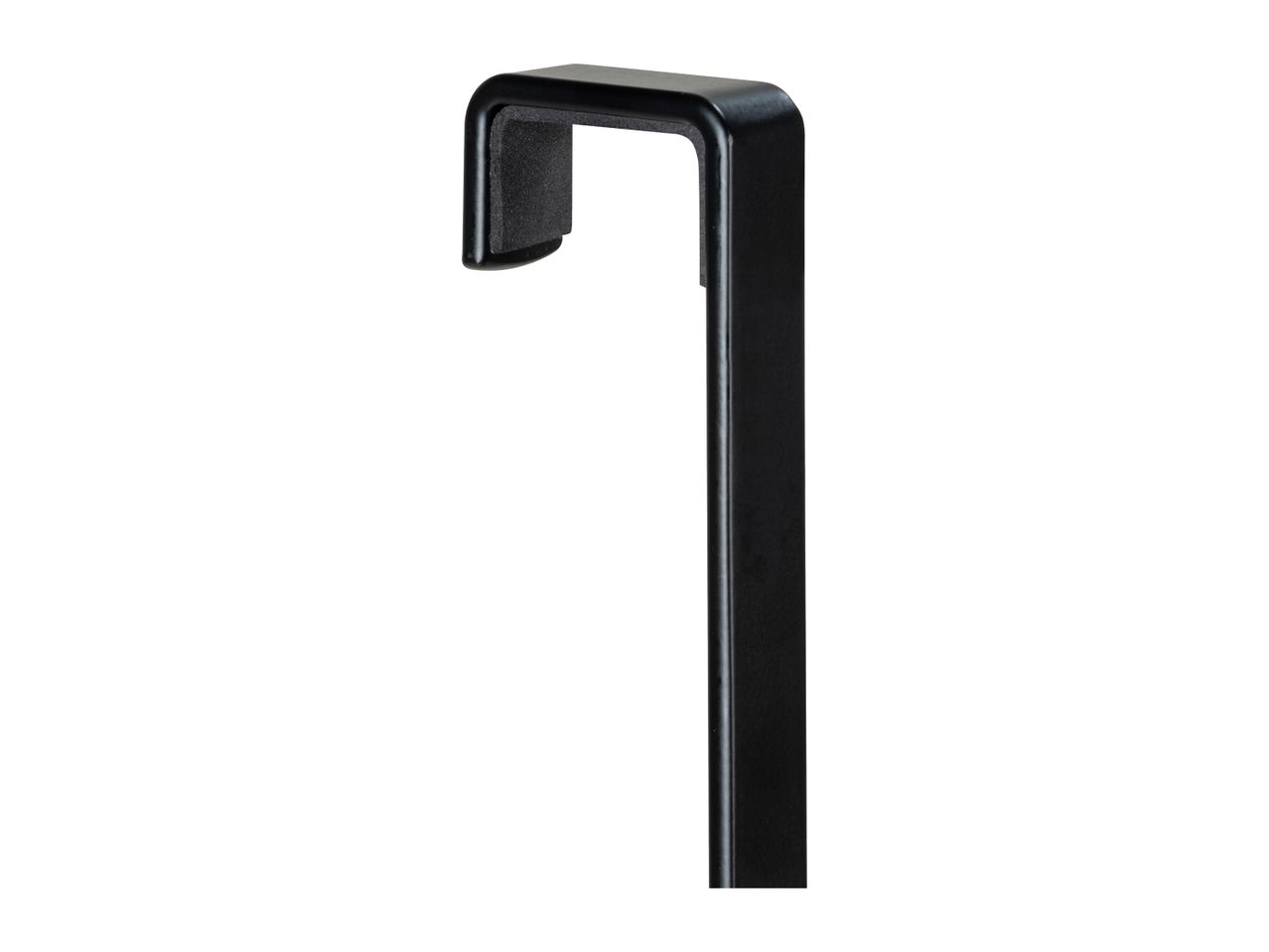 Black over-the-door hook with a padded back, designed for hanging items.