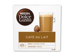Kaffekapsler til café au lait med en kop kaffe og produktinformation.