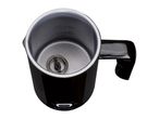 Black milk frother with a whisk inside and visible MAX/MIN fill lines.