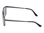 Black sunglasses with dark lenses and thin metal arms, viewed from the side.