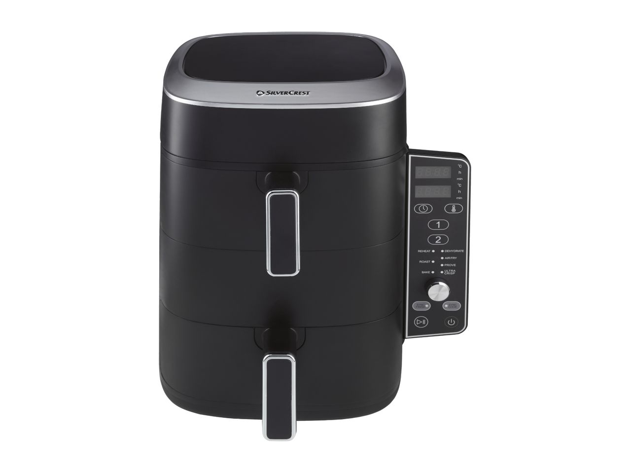 Dual basket air fryer with digital display and multiple cooking functions.