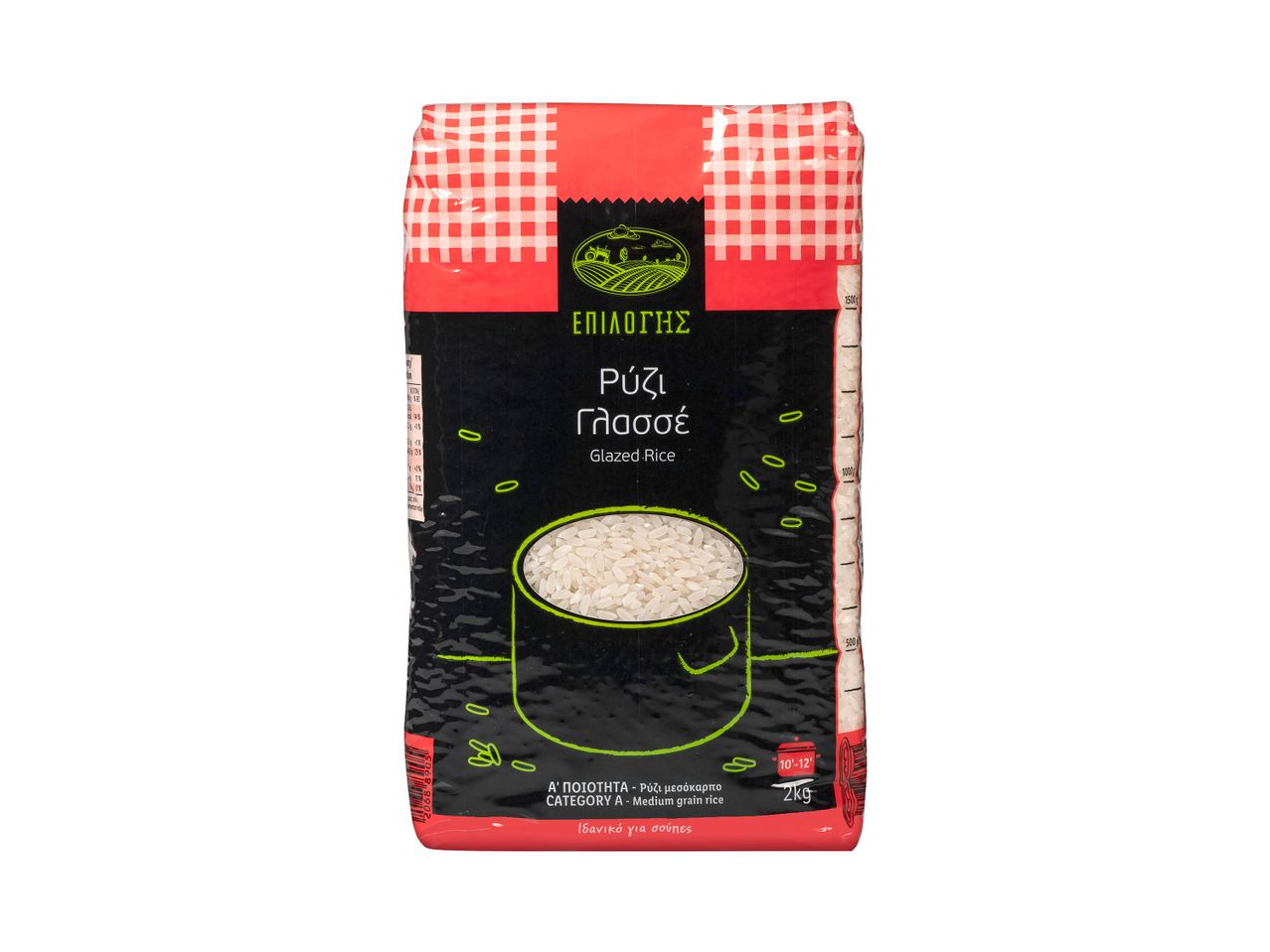 Μια σακούλα 2 κιλών γλασσέ ρύζι μεσαίου κόκκου με κόκκινο και λευκό καρό σχέδιο στην κορυφή.