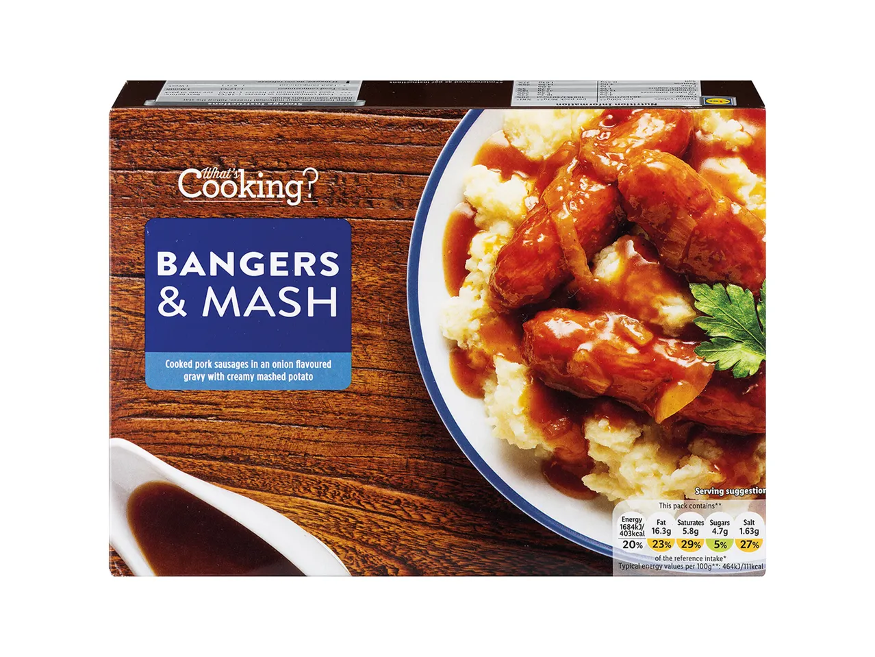 What's Cooking? Bangers & Mash: pork sausages and creamy mashed potato.