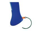 Blue inflatable sprinkler with a green hose connected to it.