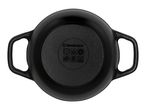 Bottom of a black cast iron pot with handles, showing hob compatibility symbols.