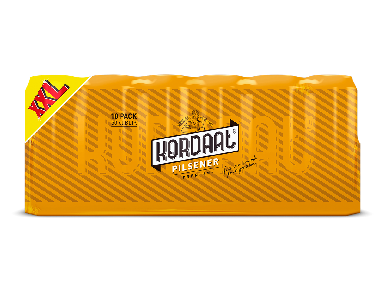 Een 18-pack van 50 cl blikken pilsener, met de tekst 'XXL' en 'fris van smaak, puur genieten'.