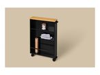 Black rolling storage cart with a wooden top, holding cotton swabs, a towel, and a spray can.