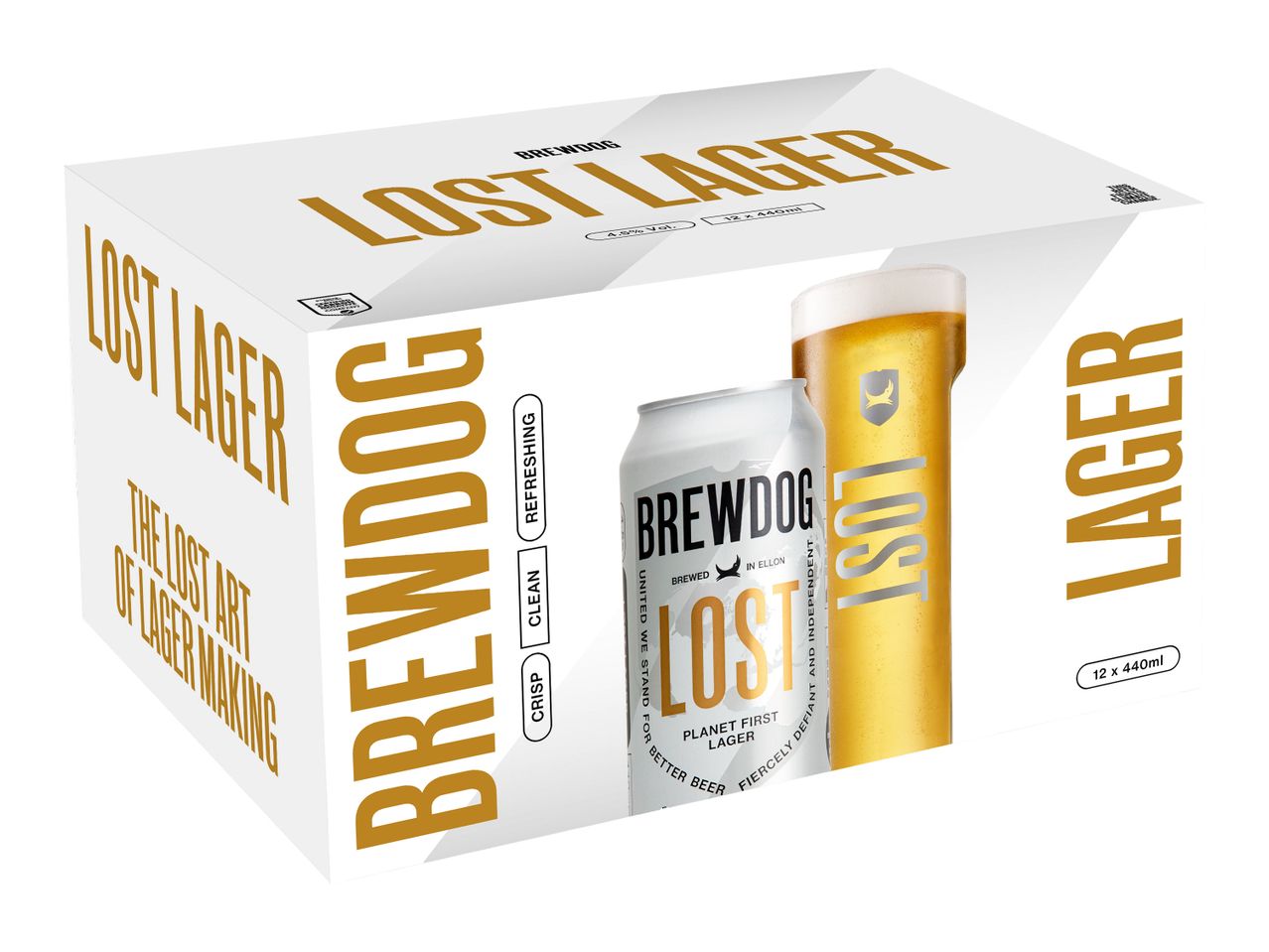BrewDog Lost Lager 12-pack with a can and a glass of beer.