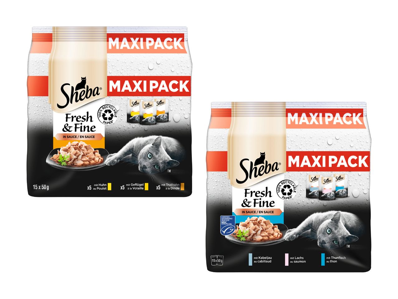 Zwei Sheba Maxi-Packs Katzenfutter, Fisch- und Meeresfrüchtesorten.