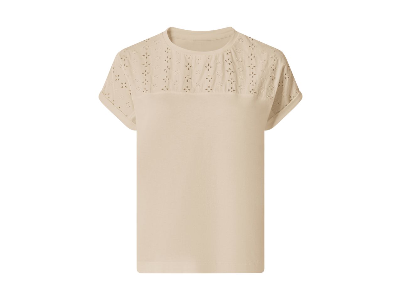 Beige women's short-sleeved top with embroidered eyelet details on the shoulders.