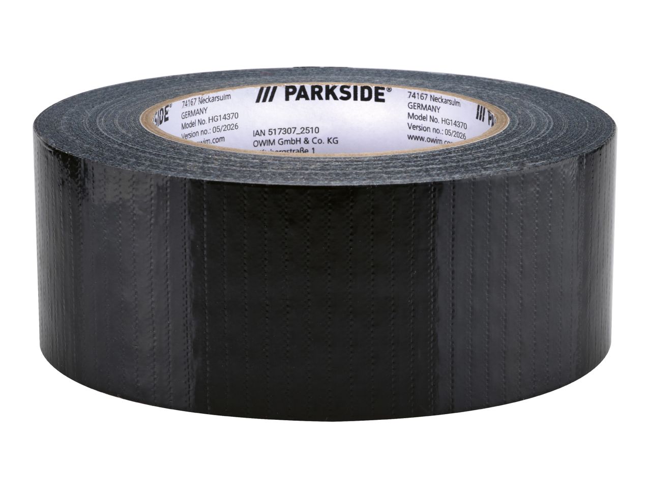 Black duct tape with product information on the core, including model number and version.