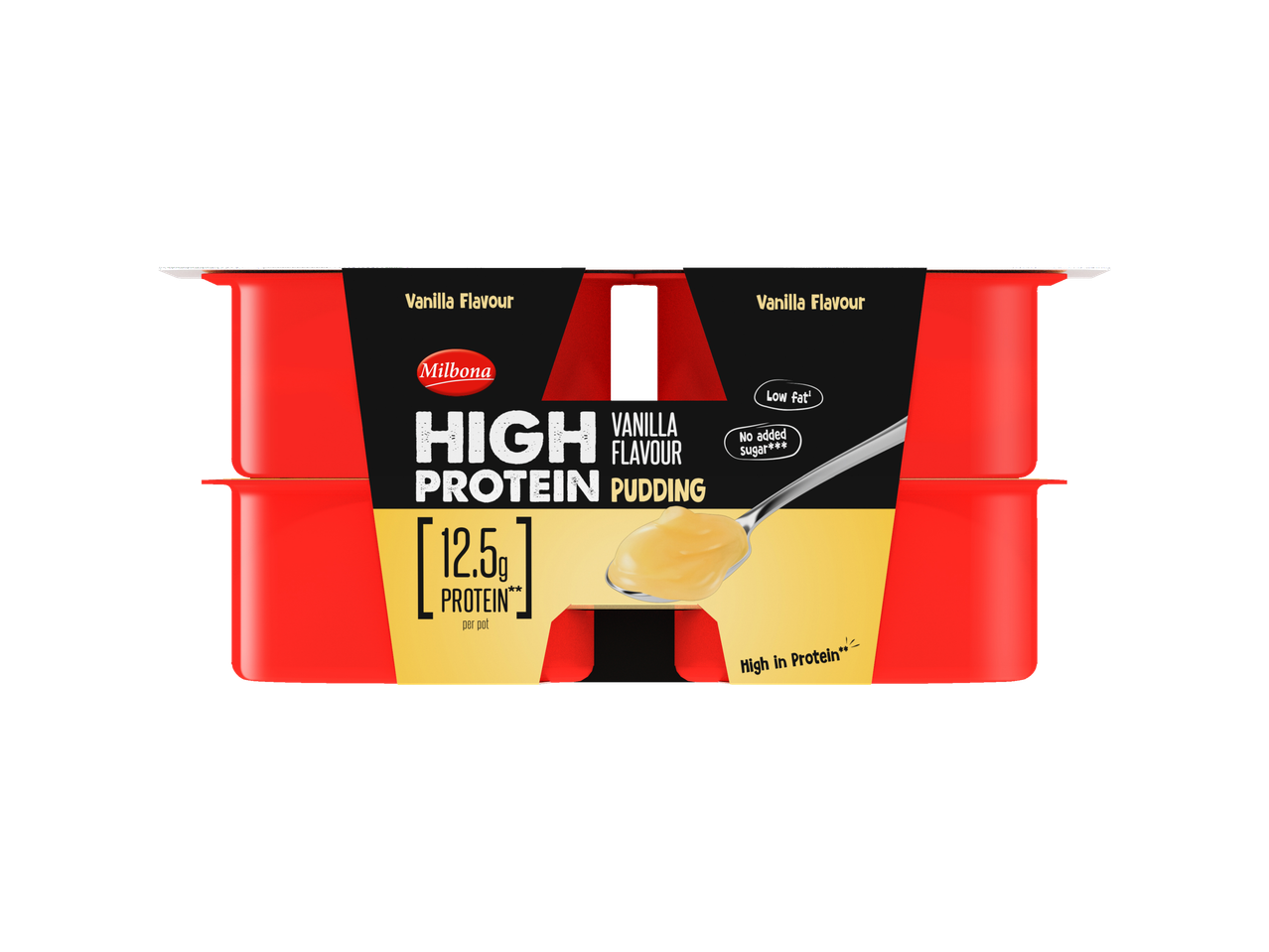 Milbona XXL High Protein Vanilla Pudding, 12.5g protein per pot, low fat, no added sugar.