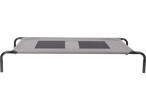 A gray elevated pet bed with a black metal frame.