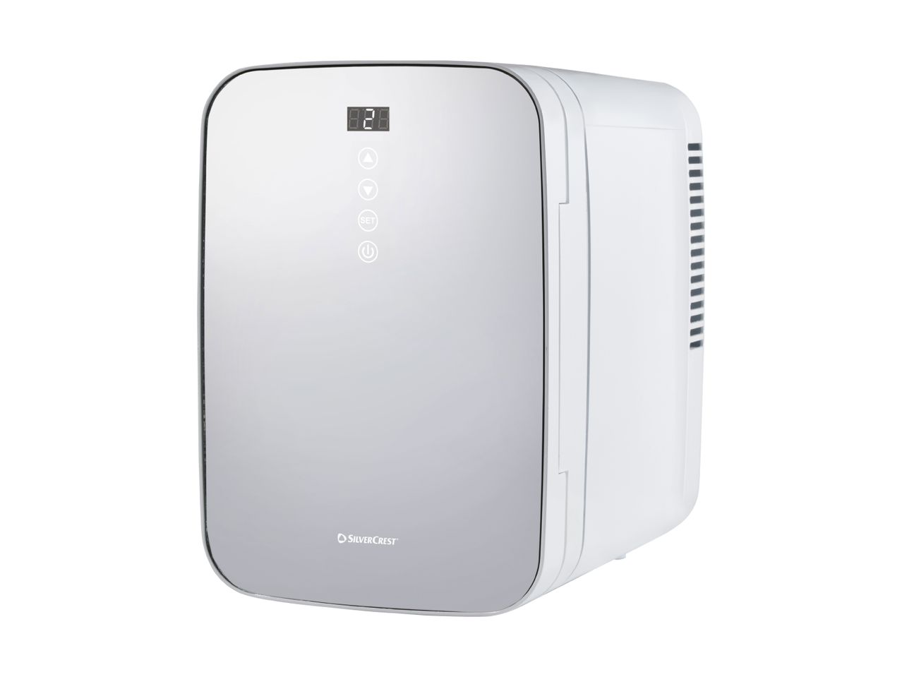 White mini fridge with a mirrored door, digital display, and control buttons.
