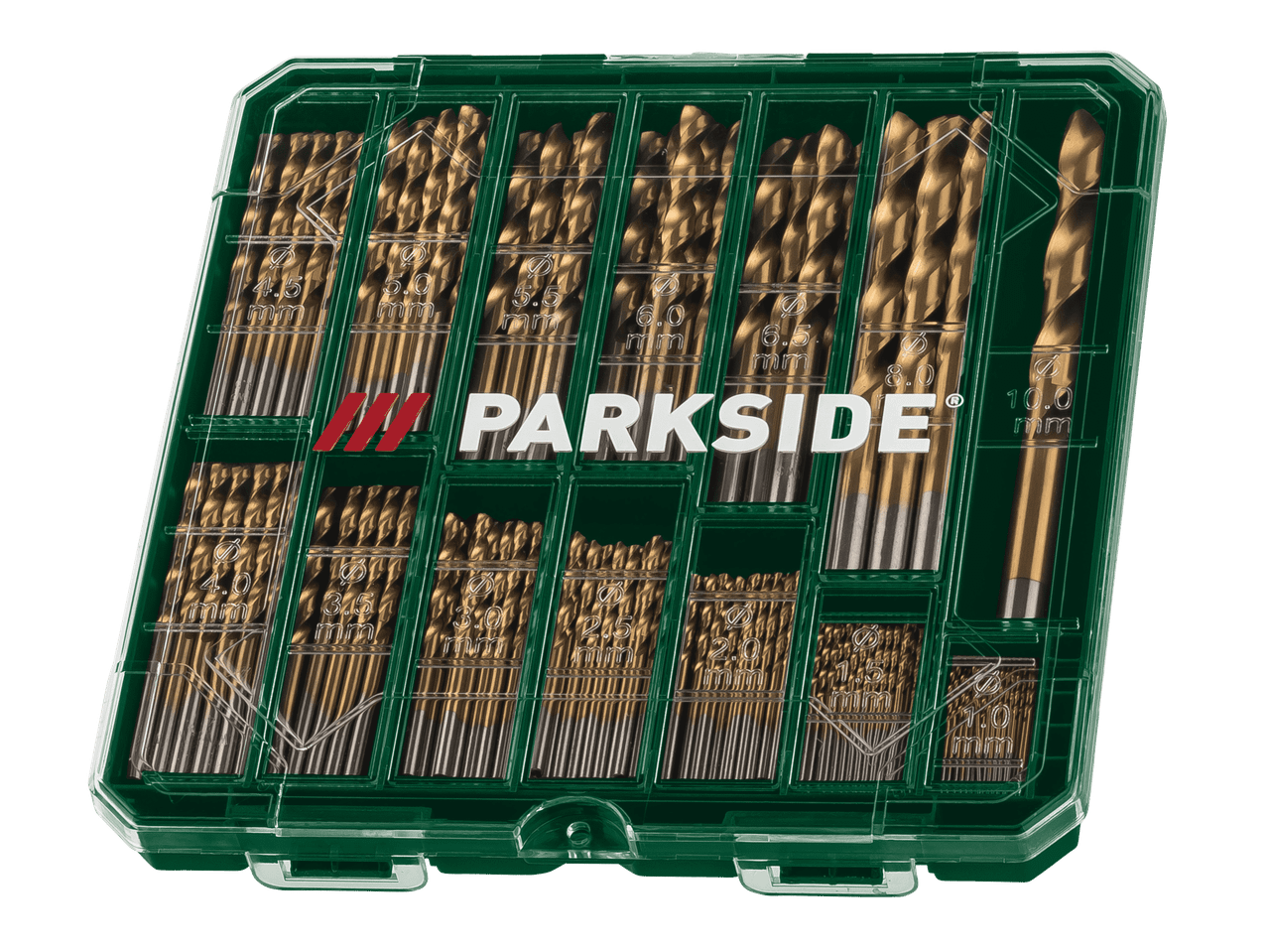 Parkside-merkkisten poranterien setti muovisessa säilytyslaatikossa.