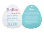 A tag for a plush toy, featuring the name 'Dane' and a description in English, French, and Spanish.