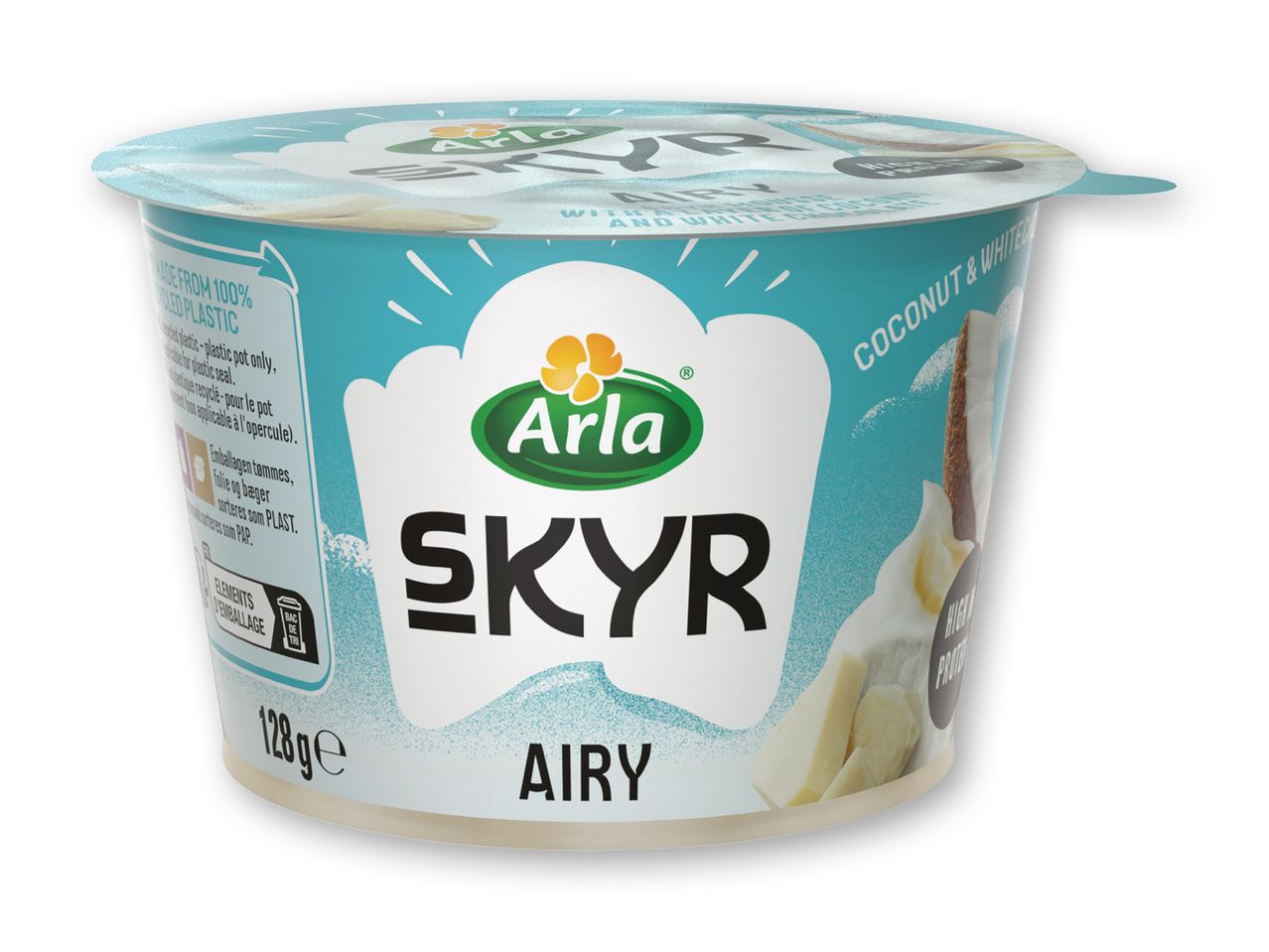 Arla Skyr Airy kokos & hvid chokolade yoghurt i en 128g beholder.