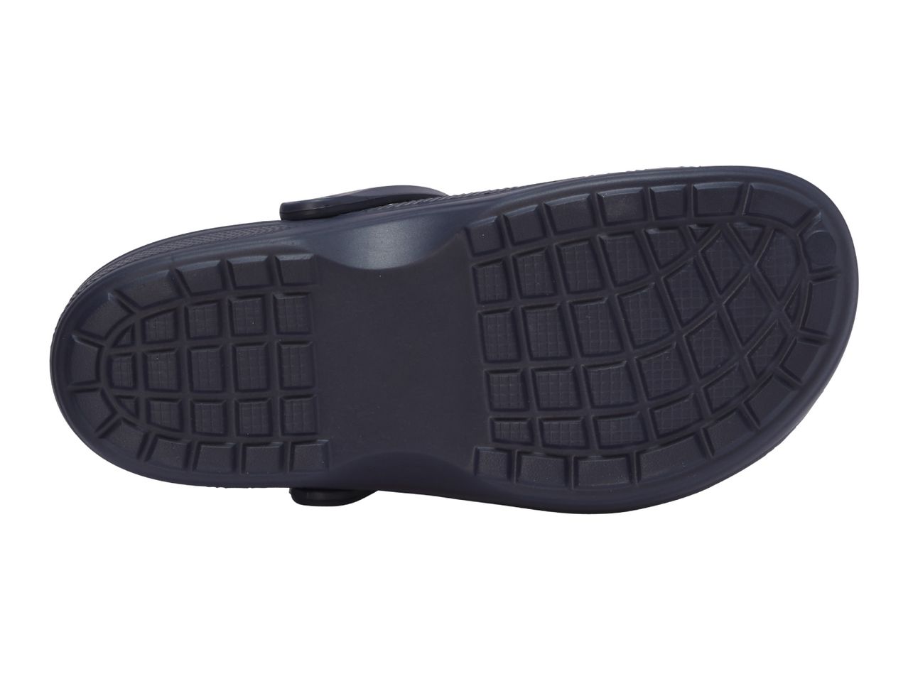 Bottom view of a dark blue clog with a textured sole.