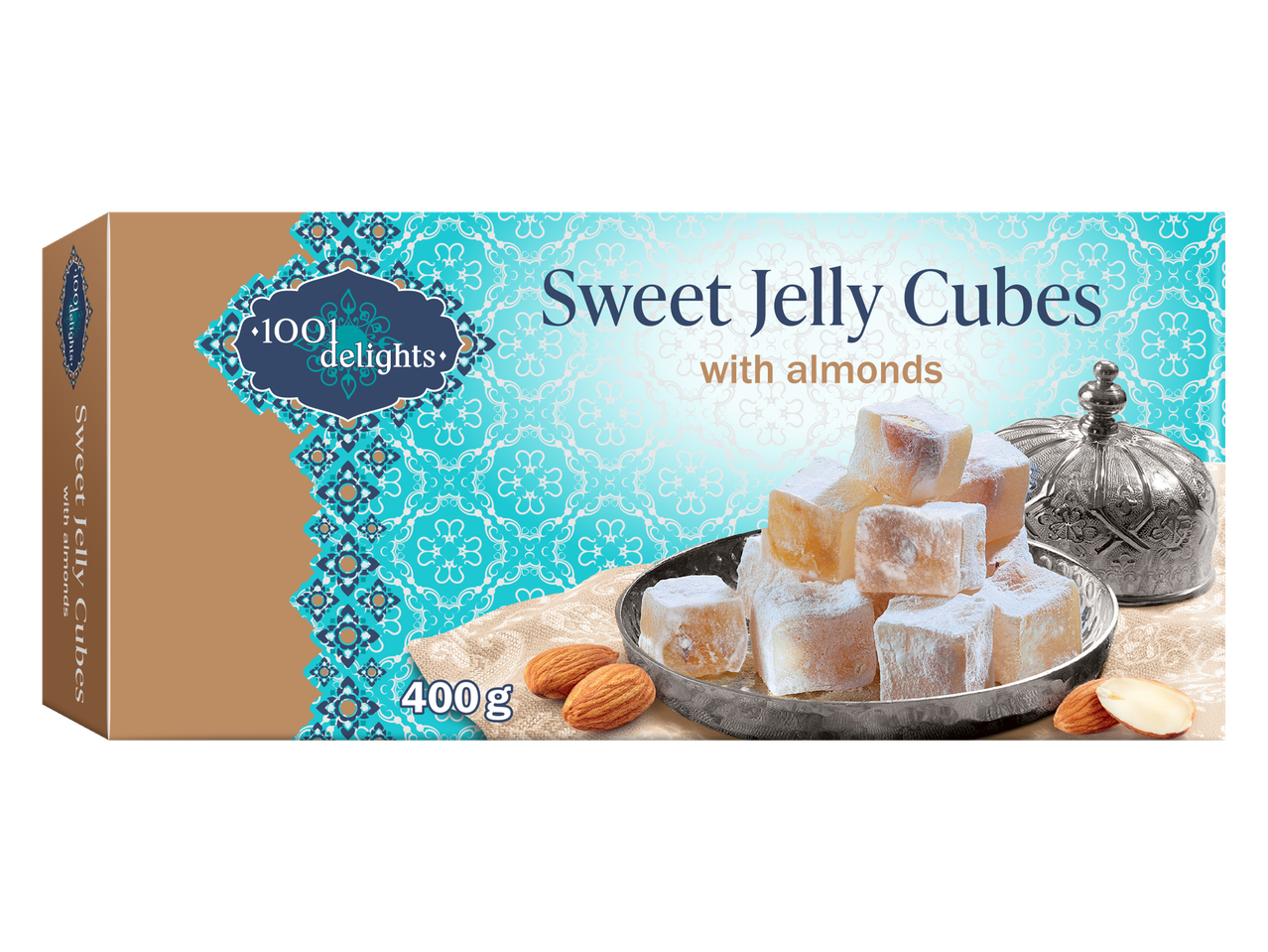 1001 Delights: 400g zoete gelei blokjes met amandelen.