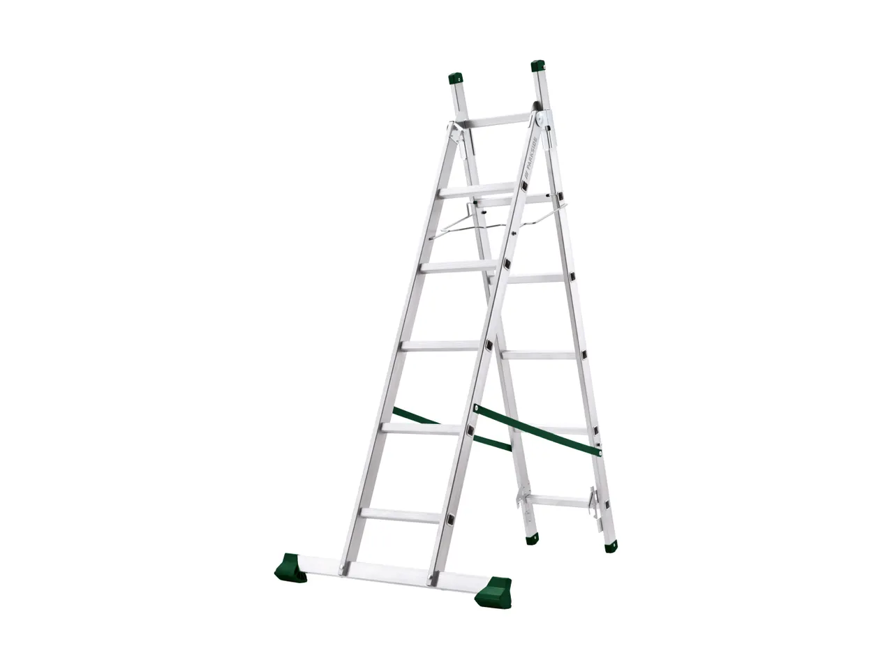 Silver aluminum multi-purpose ladder with green accents, standing in an A-frame configuration.