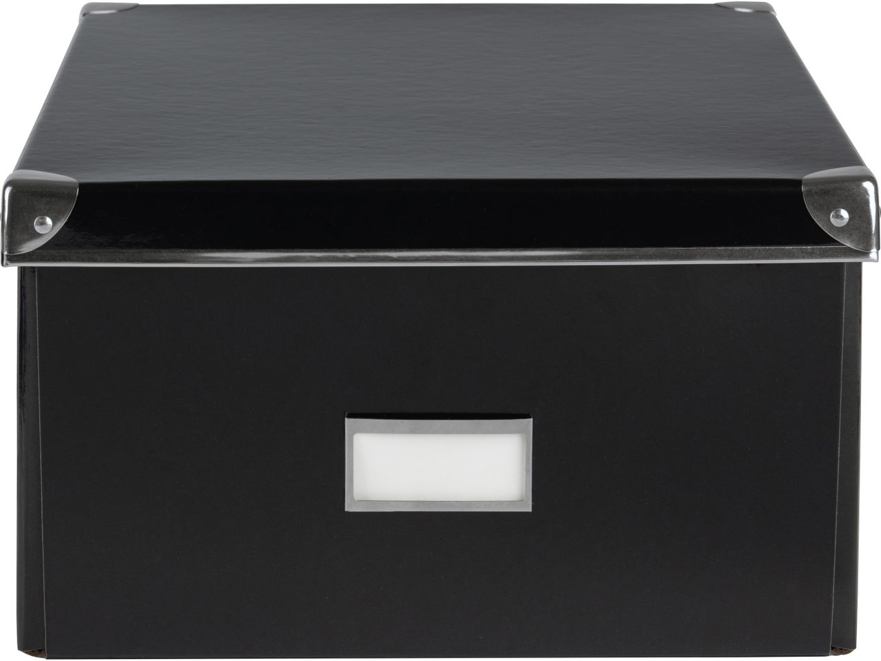 Black storage box with lid and label.