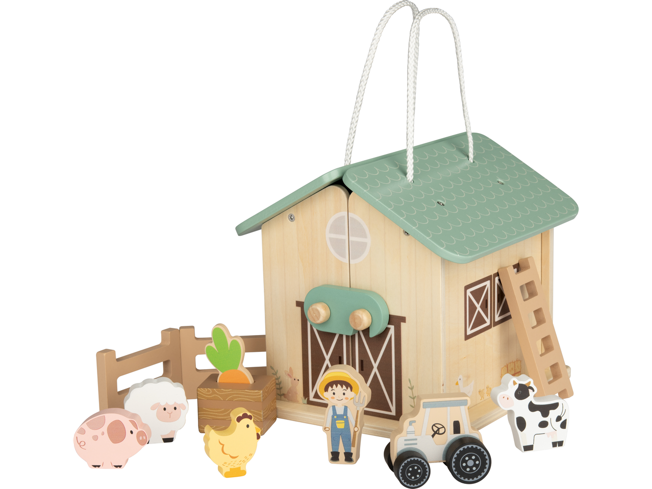 Medinis žaislinis ūkio rinkinys su tvartu, ūkininku, traktoriumi ir gyvūnais.