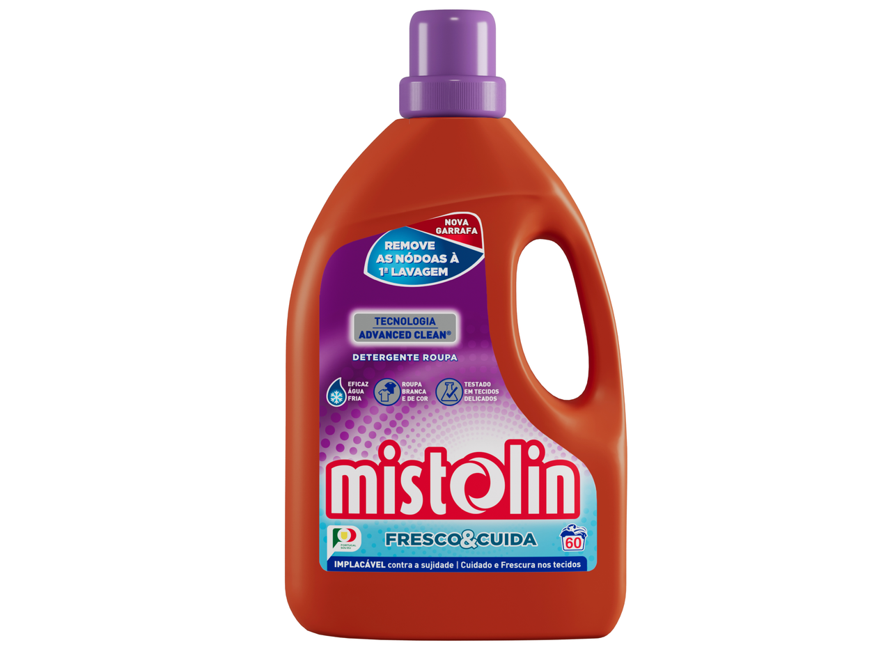 Detergente para roupa Mistolin Fresco & Cuida, remove nódoas à 1ª lavagem, eficaz em água fria.