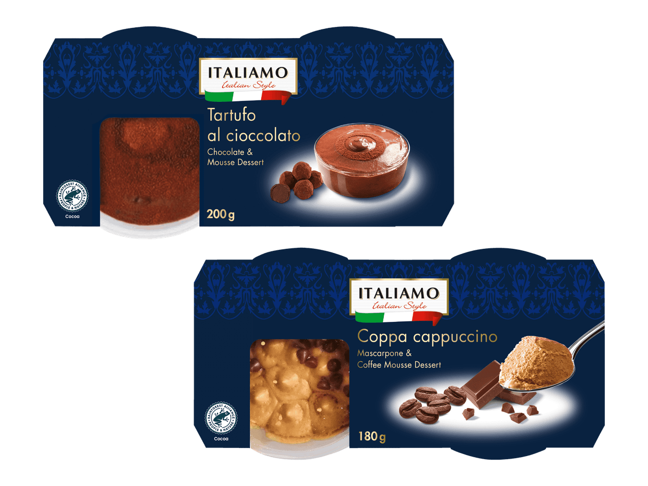 Kaksi Italiamo-jälkiruokapakkausta: suklaamousse ja cappuccino-mascarpone-kahvimousse.