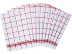 Panos de cozinha W5 em fundo branco, dispostos em leque, com xadrez vermelho