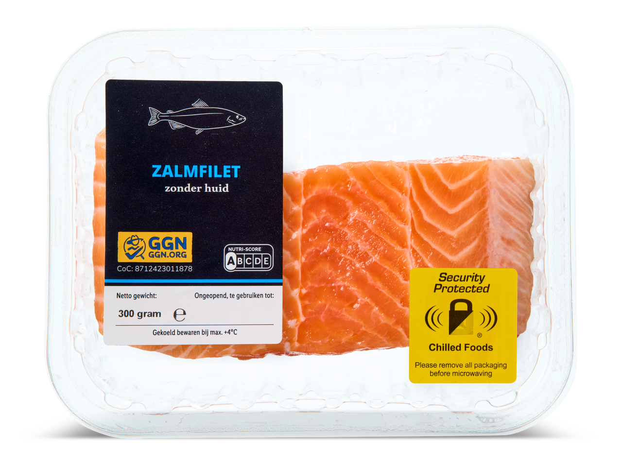Verpakte zalmfilet zonder huid, 300 gram, met Nutri-Score A-E en beveiligingslabel.