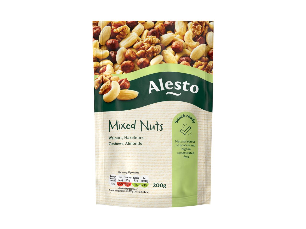 A bag of mixed nuts including walnuts, hazelnuts, cashews, and almonds, with nutritional information.