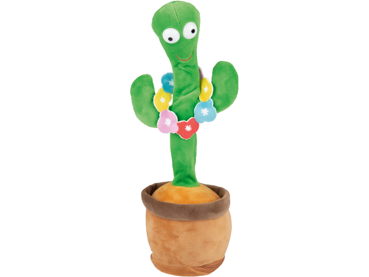 Zaļš plīša kustīgs kaktuss ar krāsainiem ziediem brūnā podā.