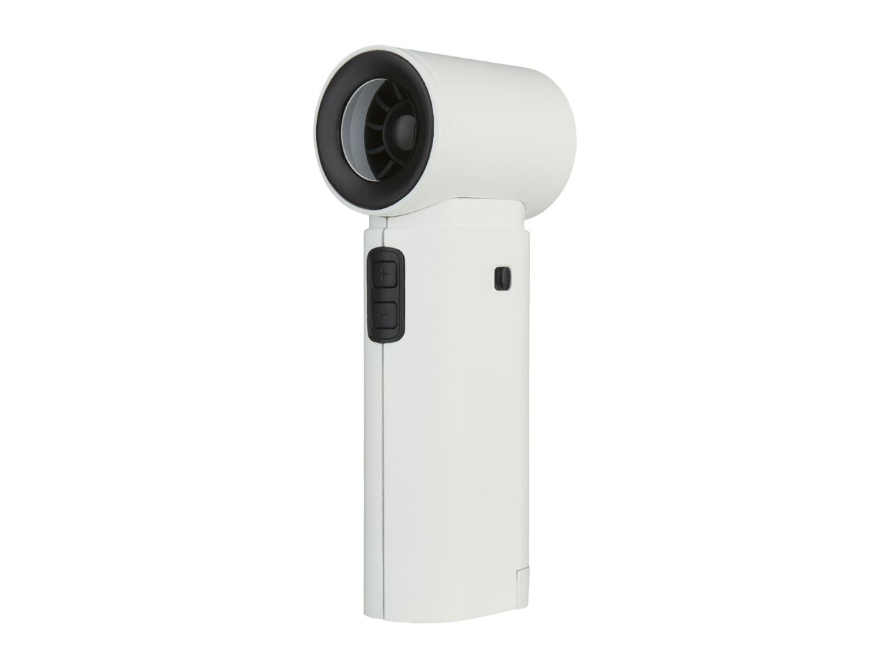 White handheld fan with black buttons and a circular vent