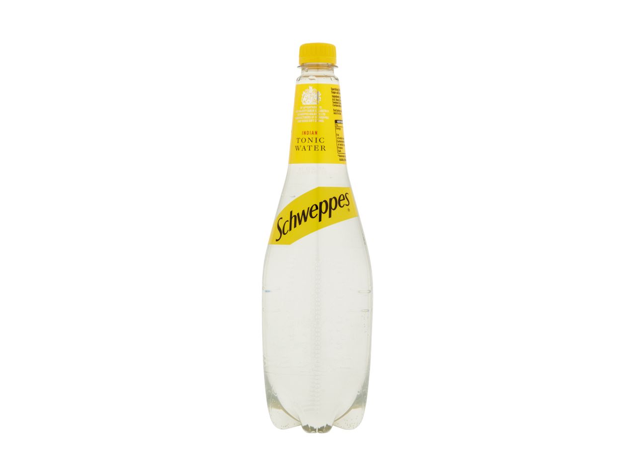 Schweppes Indian Tonic Water bottle with a yellow label and cap.