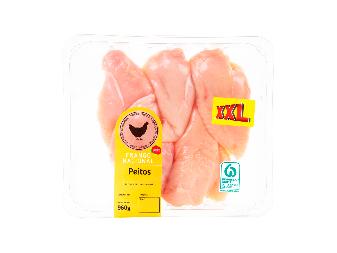 Embalagem de peitos de frango XXL da marca Frango Nacional, com selo de bem-estar animal.