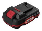 Black and red power tool battery with a charge indicator and release buttons.