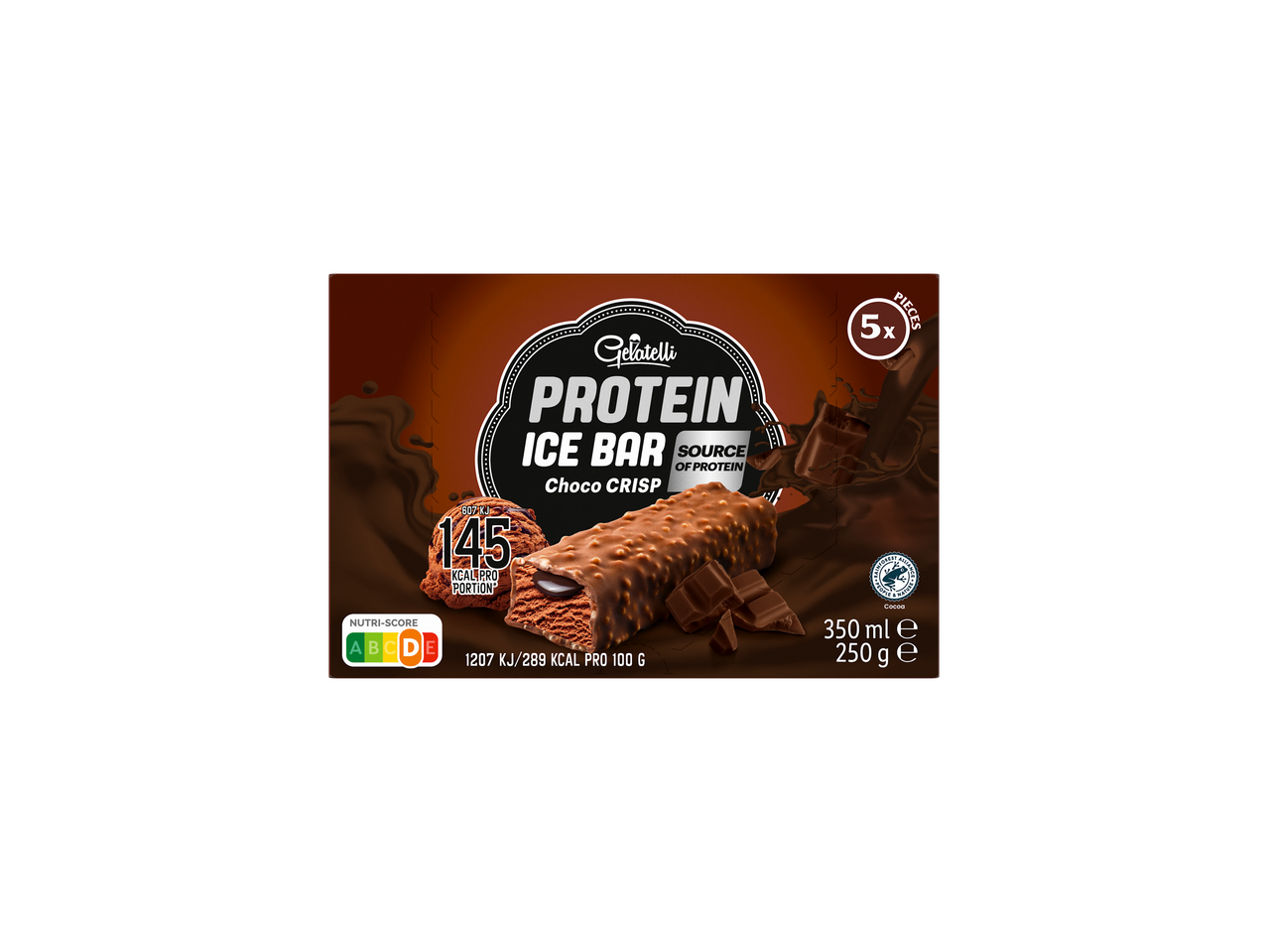 Gelatelli Protein Ice Bar Choco Crisp, 5 darabos csomag Nutri-Score D jelöléssel.