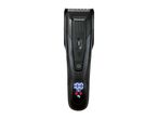 Black hair clipper with a digital display showing 100% battery and various icons.