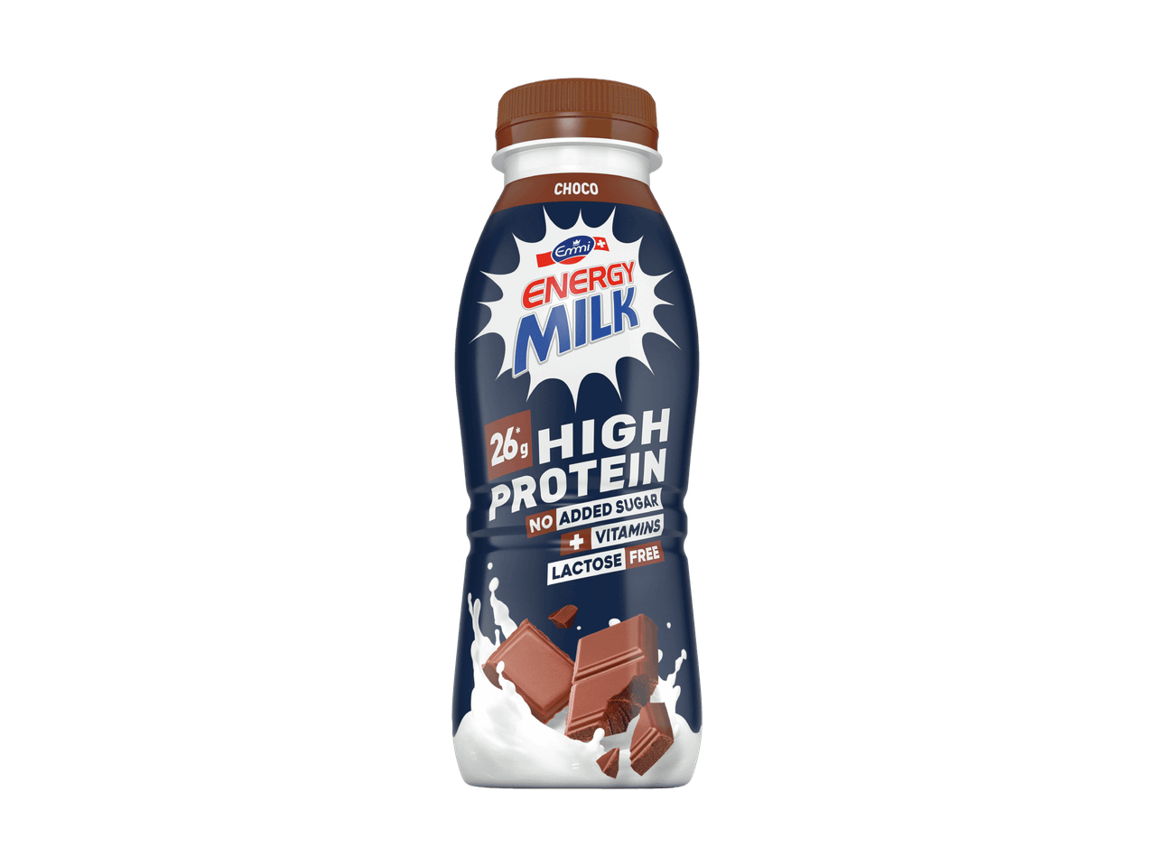 Flasche mit proteinreichem Schokoladen-Milchgetränk ohne Zuckerzusatz.