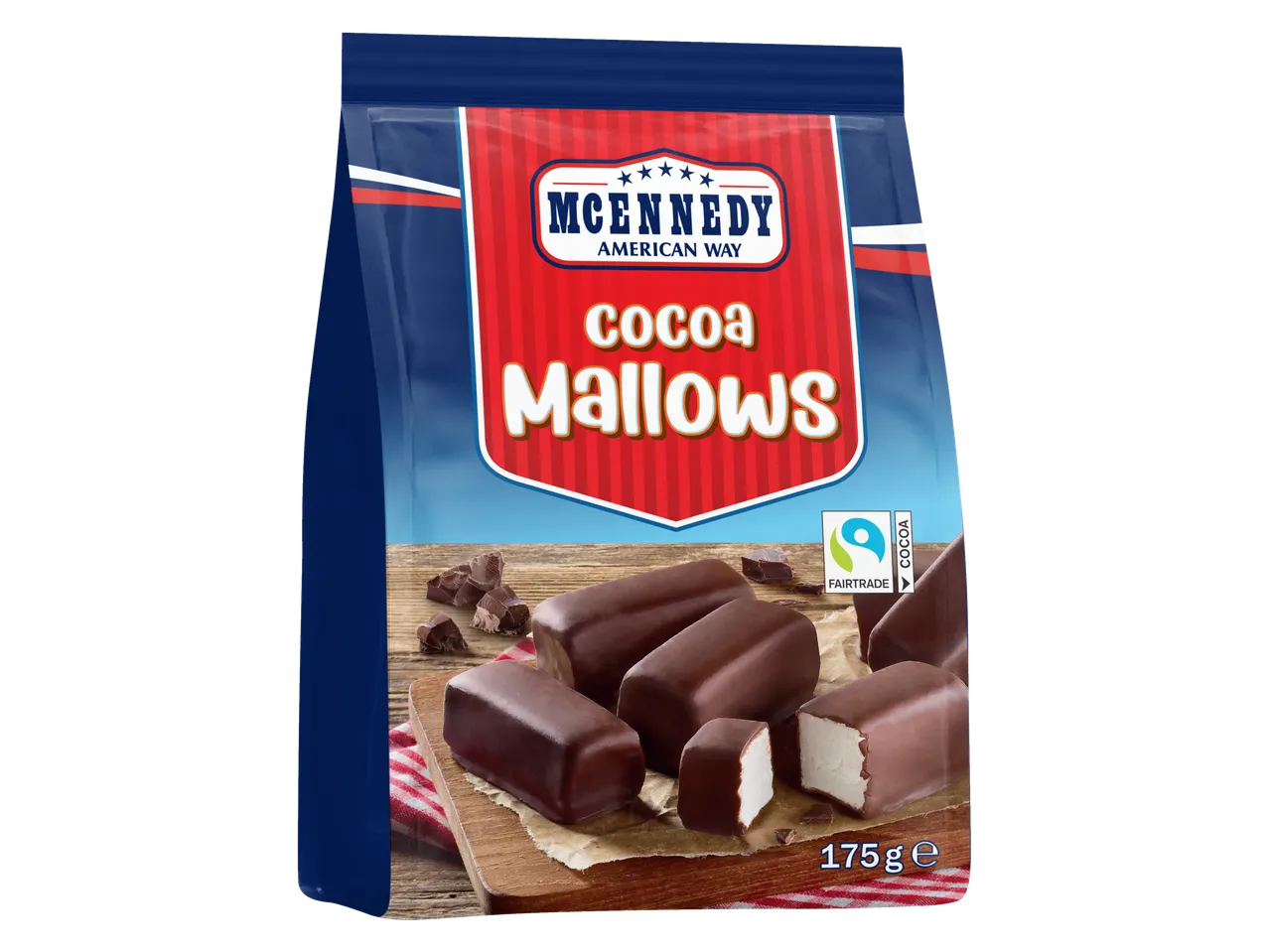 McEnnedy Cocoa Mallows, een zak met chocolade-marshmallows op een houten plank.