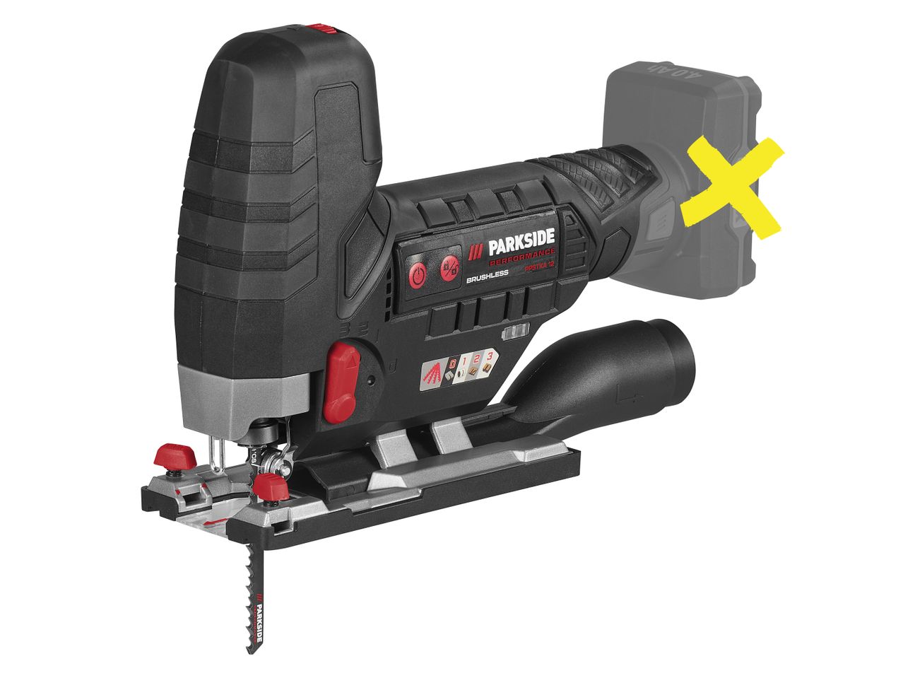 A black and gray Parkside Performance cordless jigsaw with a yellow 'X' over the battery slot.