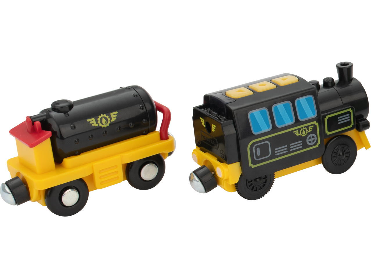 Two Lupilu® Premium Remote Control Train/Tram cars, black and yellow, on a white background.